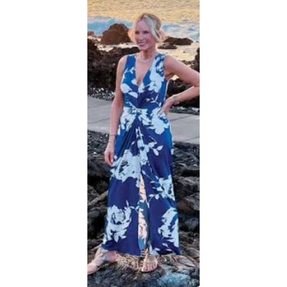 CLARA SUN WOO Crushed Silk Knit Center Slit Maxi Dress Sz M 12 Blue White Floral - Picture 1 of 15